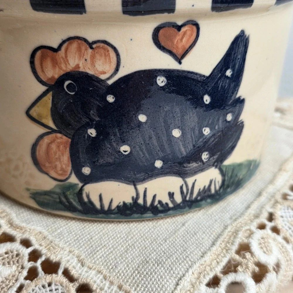 Vintage Alpine Pottery Hand-Painted Rooster Stoneware Crock Small Checkered